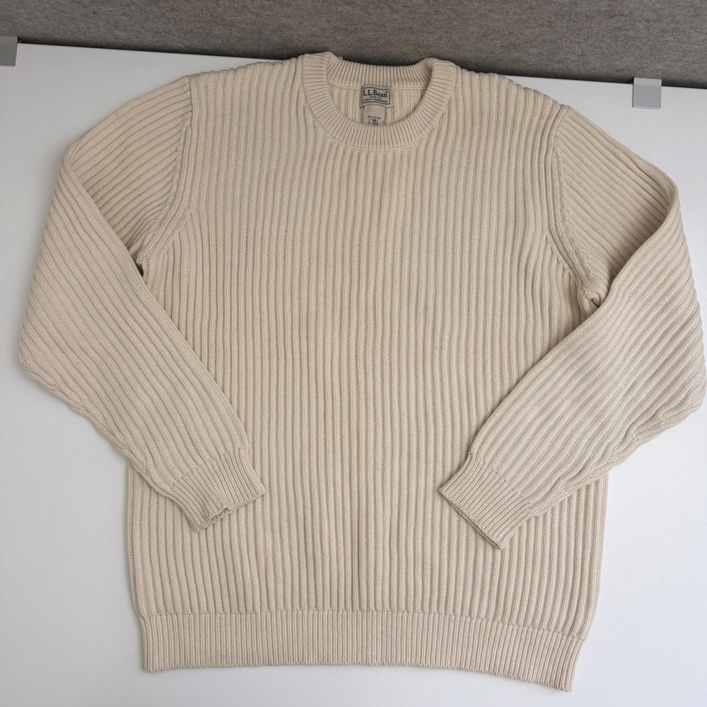 LL Bean Mens L Tall Cream Cotton Shaker Stitch Crewneck Sweater OJSA6 fisherman